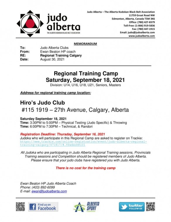 POSTPONED Regional Training Camp Calgary – Saturday, September 18, 2021